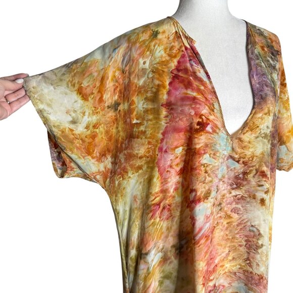 Peri Tie Dye Tunic Dress One Size Boho Caftan V Neck Short Sleeves Pockets - Picture 3 of 7